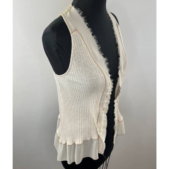 TINY Cream Fringe Semi-Sheer Trim Ribbed Knit Cotton Blend Sleeveless Vest XS? - Picture 6 of 8